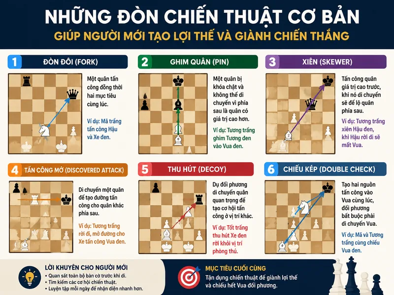 Những đòn chiến thuật cơ bản giúp người mới tạo lợi thế và giành chiến thắng trong ván đấu.