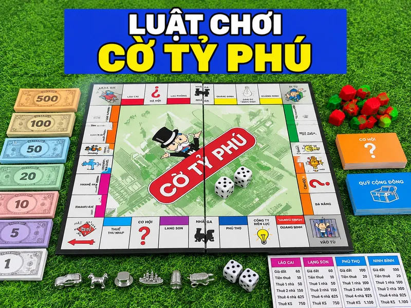 Bàn cờ Monopoly với tiền, quân cờ và các thẻ tài sản giúp người chơi hiểu cách chuẩn bị trước khi bắt đầu ván đấu.
