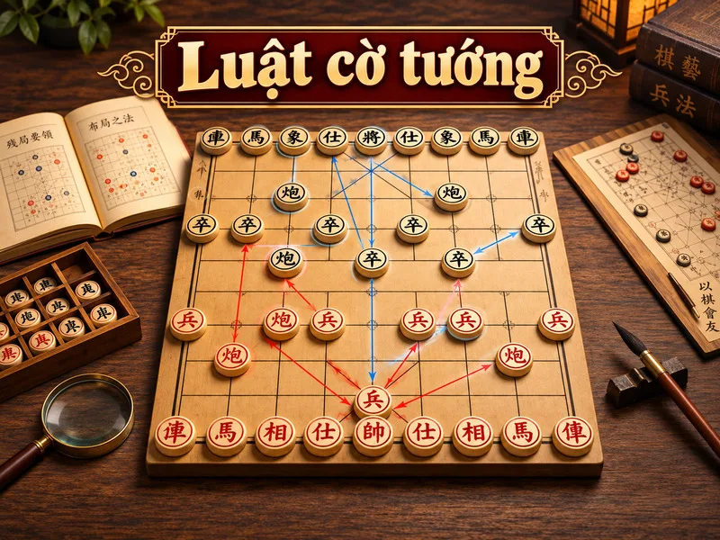 Bàn cờ gồm 9 đường dọc, 10 đường ngang cùng khu vực sông và cung – những yếu tố cơ bản cần biết khi học luật cờ tướng.